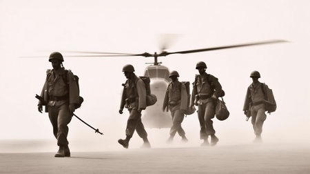 a group of soldiers walking towards a helicopter. Generative AI Art.の素材