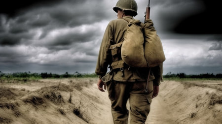 a man in military uniform walking on a dirt road. Generative AI Art.の素材
