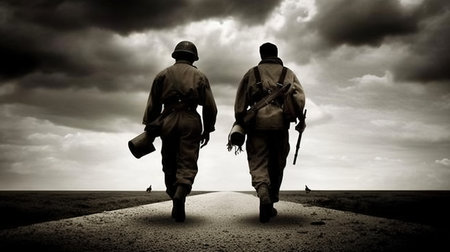 two men walking on a dirt road. Generative AI Art.の素材