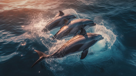 a group of dolphins jumping out of the water. Generative AI Art.の素材