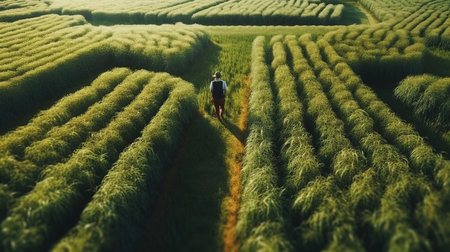 a man walking through a field of green plants. Generative AI Art.の素材