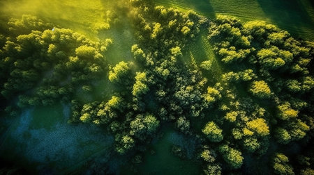 a green field with trees. Generative AI Art.の素材