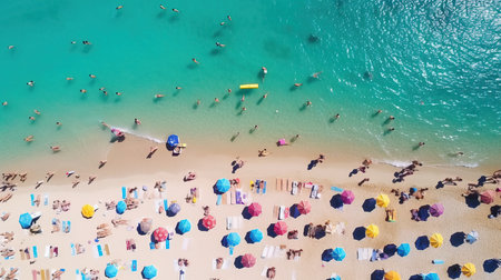 a beach with umbrellas and people on it. Generative AI Art.の素材