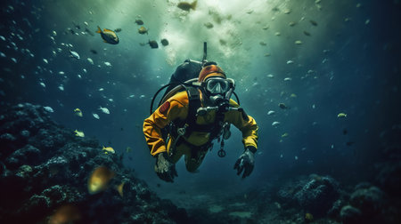 a scuba diver with fish. Generative AI Art.の素材