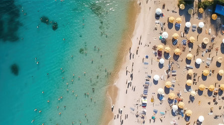 a beach with umbrellas and people on it. Generative AI Art.の素材
