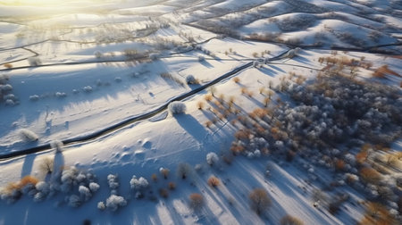 a snowy landscape with trees and a road. Generative AI Art.の素材