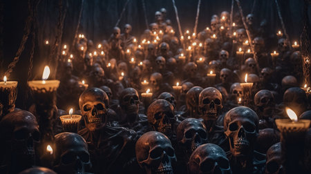 a group of skulls with candles. Generative AI Art.の素材