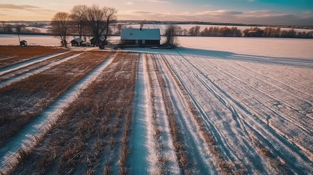 a snowy field with a house and trees. Generative AI Art.の素材