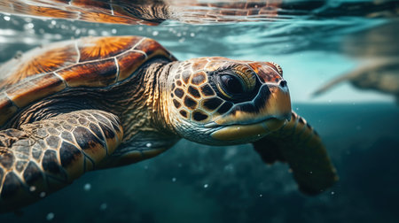 a turtle swimming under water.の素材