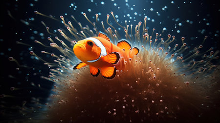 an orange and white fish swimming in anemone.の素材