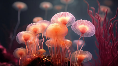 a group of jellyfish with pink and orange tentacles.の素材