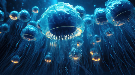 a group of jellyfish swimming in the water.の素材