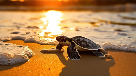 a baby turtle on the beach.の素材