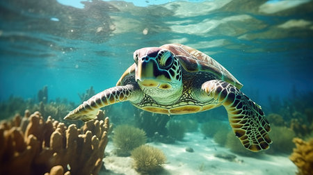 a turtle swimming in the water.の素材