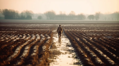 a man walking through a muddy field.の素材