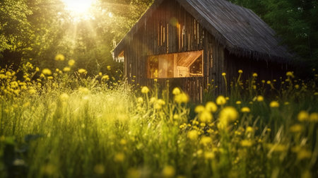 a small wooden building in a field of yellow flowers.の素材