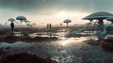 two people walking in a swamp.の素材