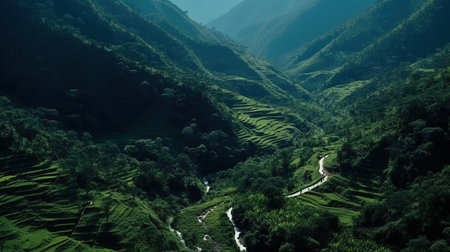 a winding road through a valley.の素材