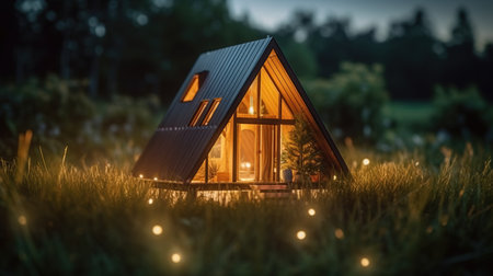 a triangular shaped house in a grassy area.の素材