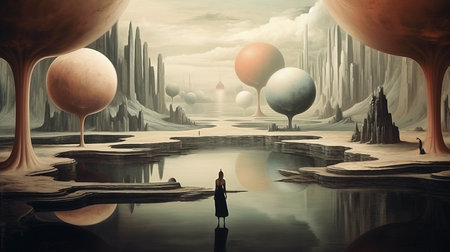 a woman standing in a lake with a group of colorful spheres in the background.の素材