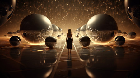 a woman standing in a black dress.の素材