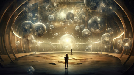 a child looking at a large room with many spheres.の素材
