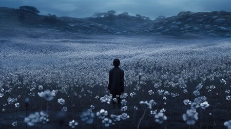 a person standing in a field of flowers.の素材