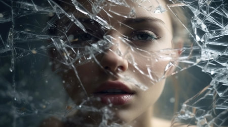 a woman looking through a broken glass.の素材