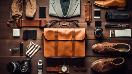 a brown briefcase and various accessories on a wooden surface.の素材