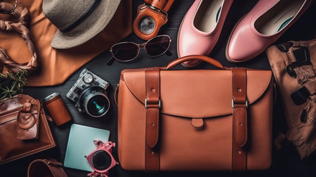 a brown bag and shoes and a hat.の素材