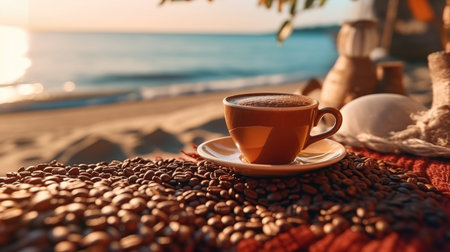 a cup of coffee on a table with coffee beans.の素材