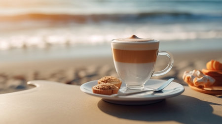 a cup of coffee and a small cookie on a plate.の素材