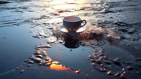 a cup on a saucer on a beach.の素材