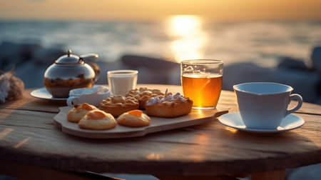 a tray of pastries and cups of tea on a table.の素材