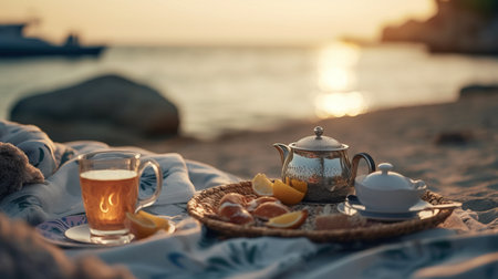 a tea set on a blanket.の素材