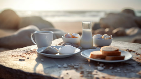 a plate of food and a glass of milk on a rock.の素材