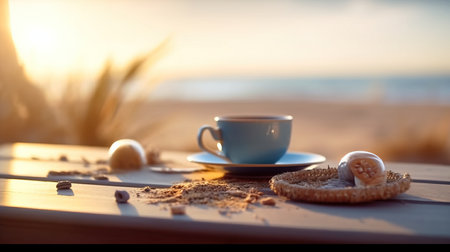 a cup of coffee on a table.の素材