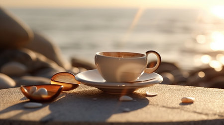 a cup of coffee on a table.の素材