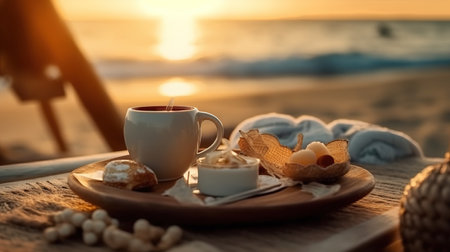 a cup of coffee and dessert on a tray.の素材