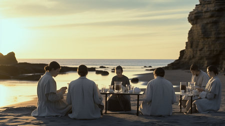 a group of people sitting at a table on a beach.の素材