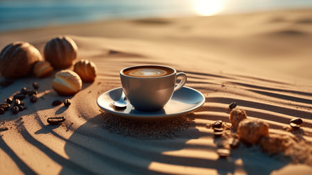 a cup of coffee on a plate with a spoon and some croissants on sand.の素材