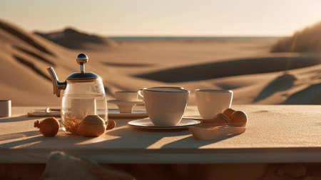 a table with cups and saucers on it.の素材