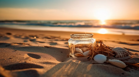 a glass jar with shells and a straw on sand with a sunset in the background.の素材