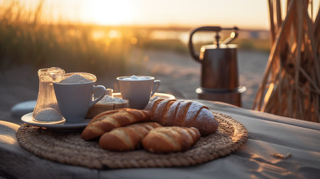 a plate of food and coffee cups on a table.の素材