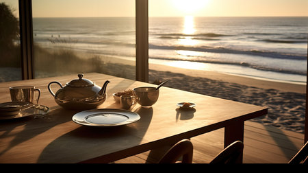 a table with a teapot and cups on it.の素材