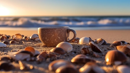 a cup on the sand.の素材