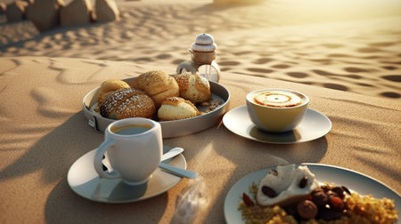 a plate of food and coffee on a table.の素材