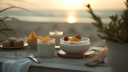 a bowl of yogurt with fruit on a table.の素材