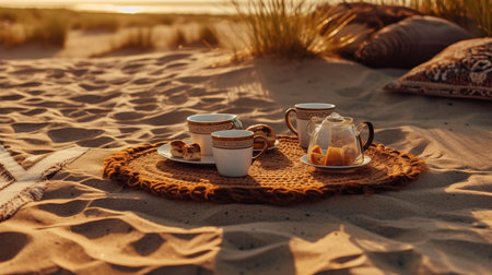 a tea set on a rug in the sand.の素材