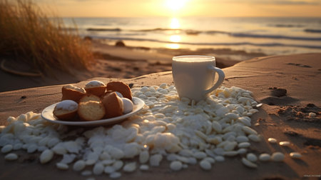 a cup of milk and a plate of food on a beach.の素材